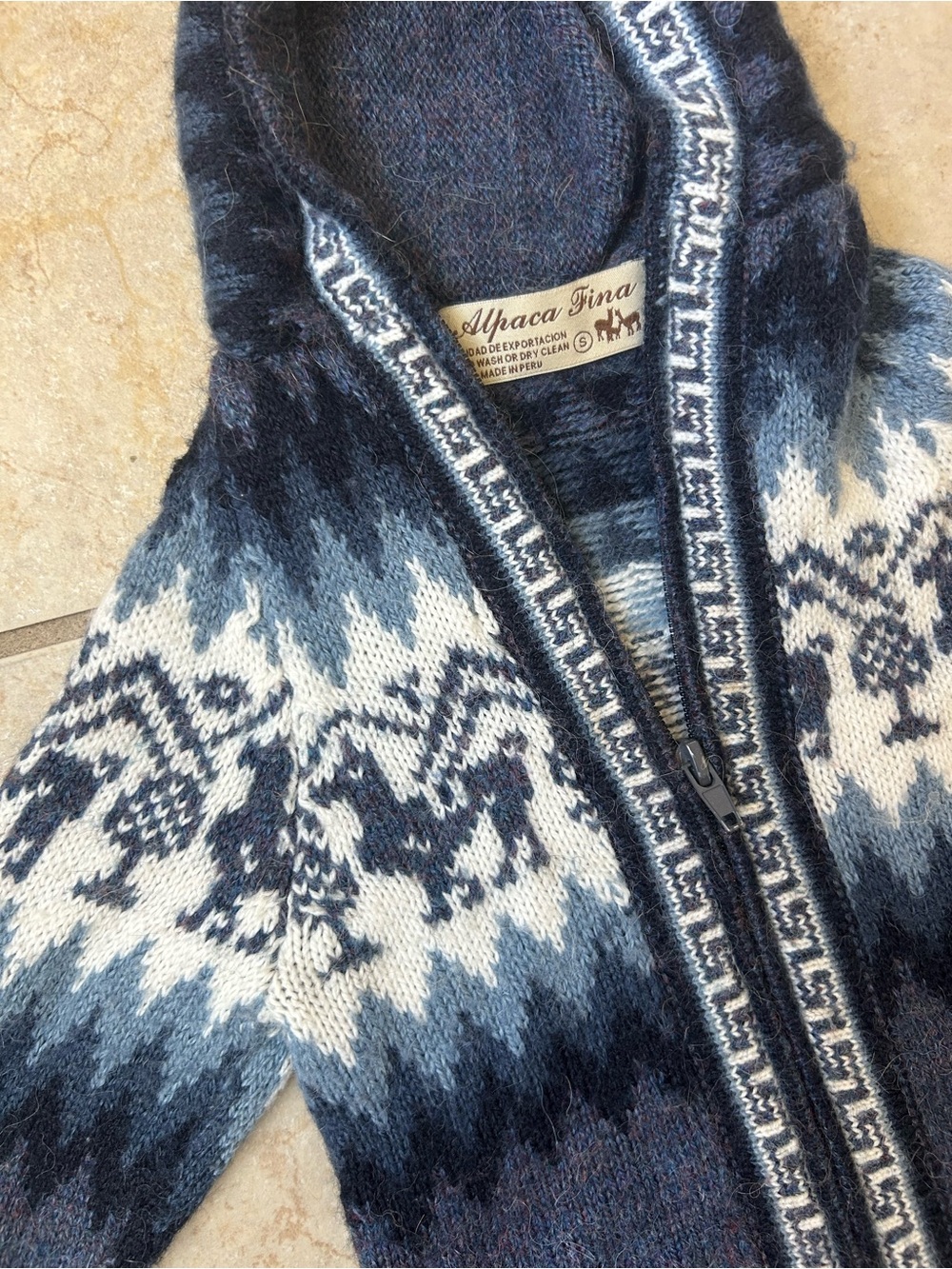 Alpaca Fina Peruvian Alpaca Kid’s Size 3/4 Small Wool Zip-up Cardigan Blue White